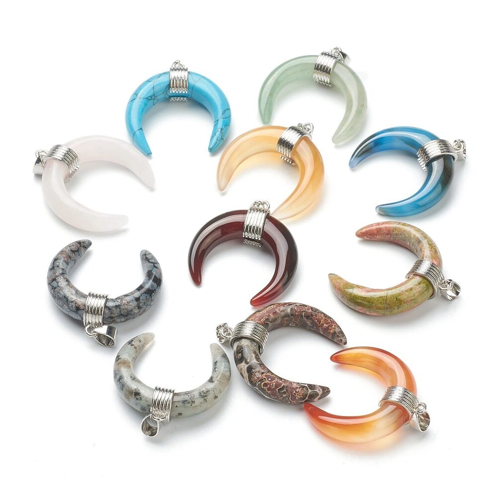 6115 5pcs Natural Stone Pendants Double Horn Crescent Moon Gemstone Crystal